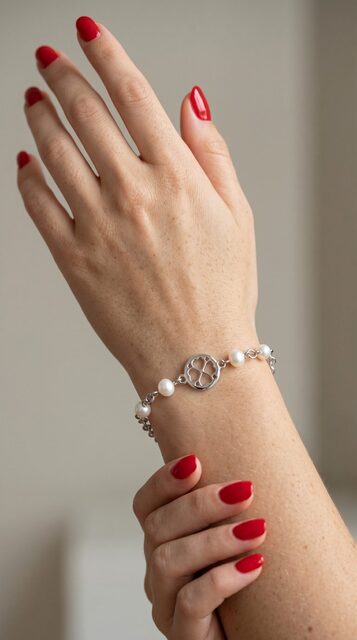 Bracelet Four-leaf Clover Lace MINI 1 – chain + white freshwater pearls