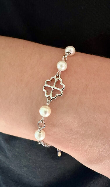 Bracelet Four-leaf Clover Závadka MINI 1 – chain + white freshwater pearls