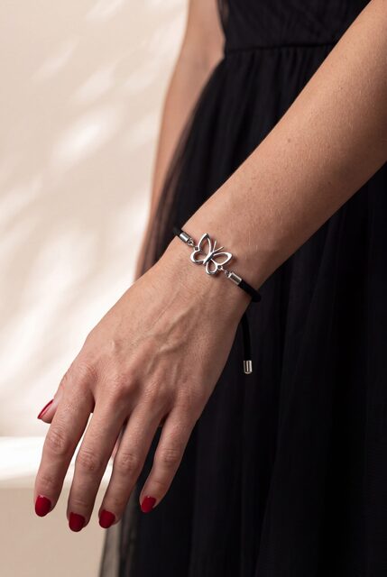 Bracelet – butterfly modráčik 1 – cord red / black