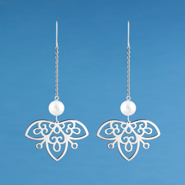 Earrings vajnory fan on chain with pearl