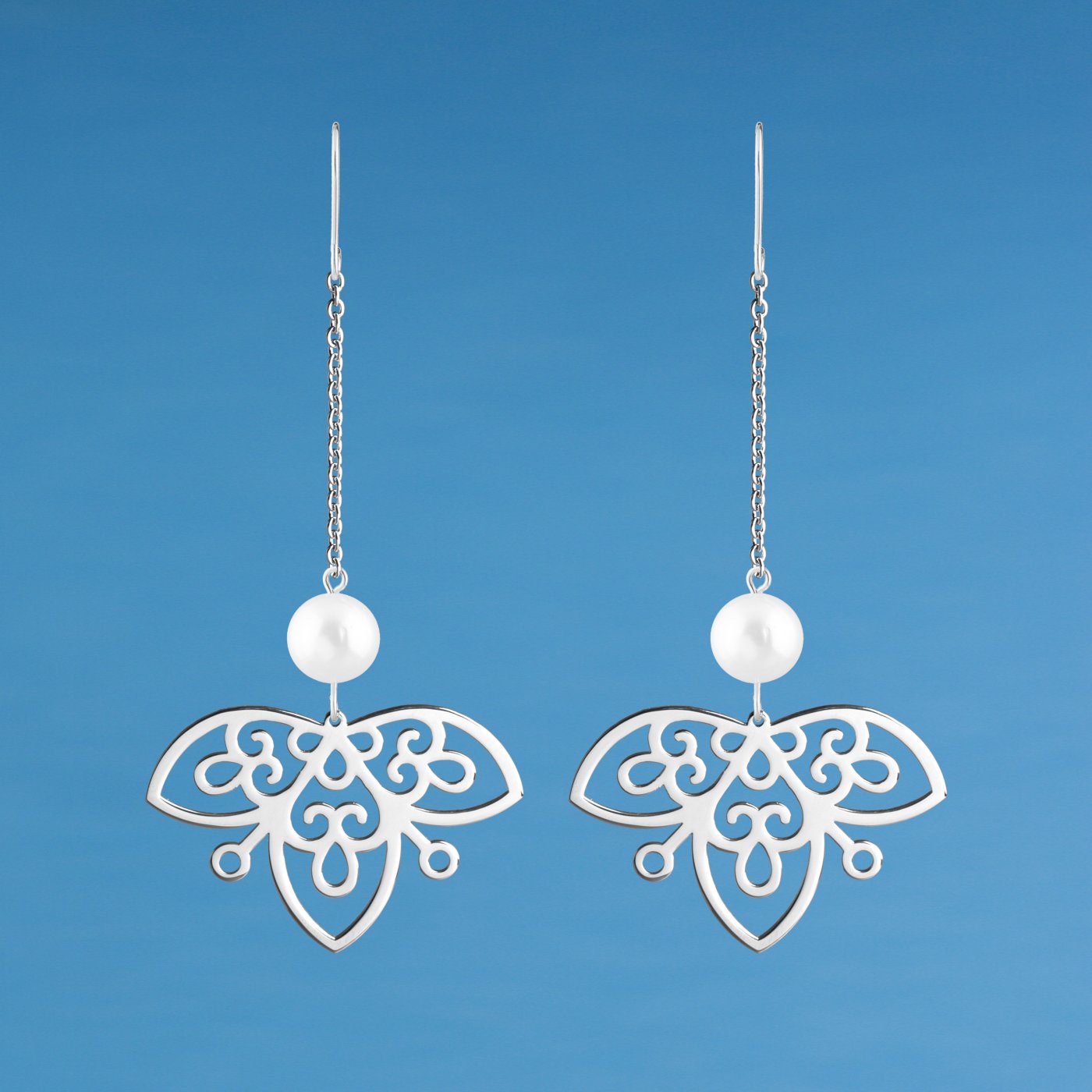 Earrings vajnory fan on chain with pearl