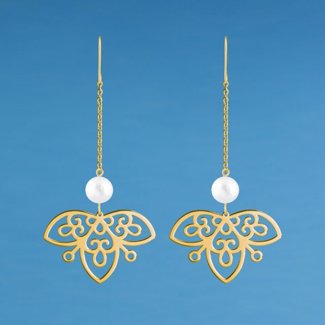 Earrings vajnory fan on chain with pearl