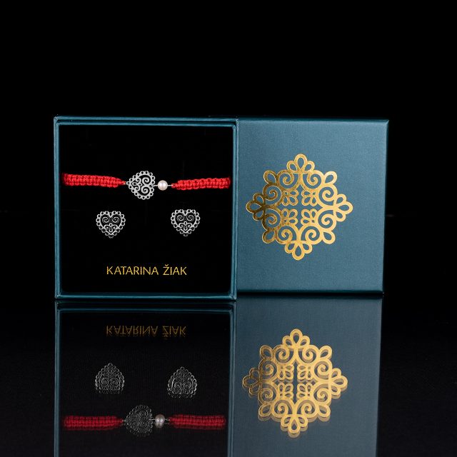 Set stud earrings + cord bracelet heart ornament mini 1 + pearl