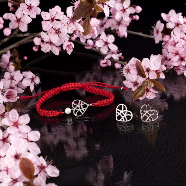 Set heart- stud earrings + bracelet + pearl