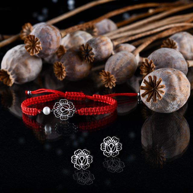 Set poppy stud earrings + bracelet + pearl