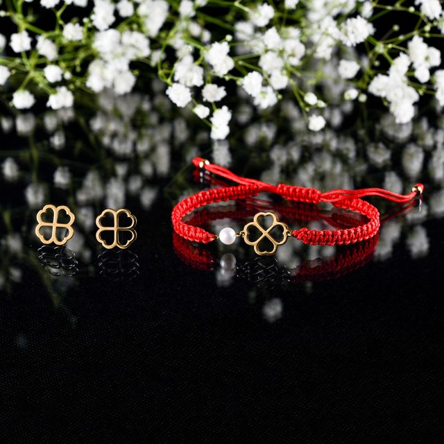 Set quatrefoils - stud earrings + cord bracelet + pearl