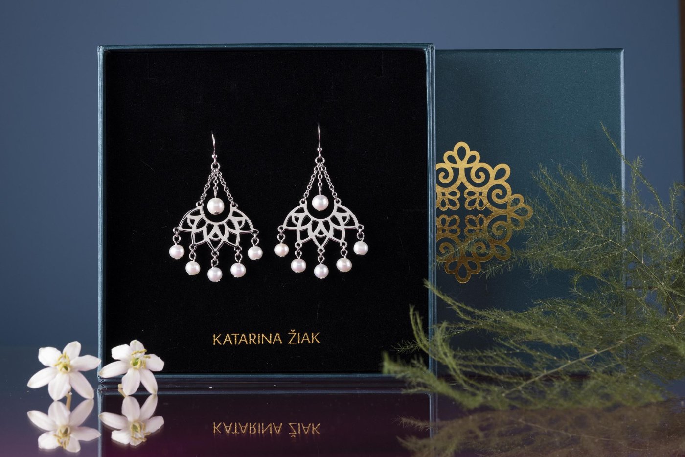 Earrings fan sunflower arc + pearls
