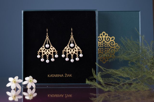 Earrings fan sunflower arc + pearls