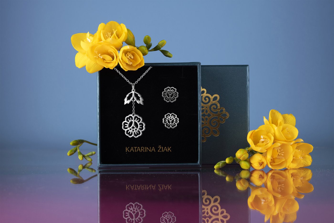 Set - pendant flower 1 with leaf + studs