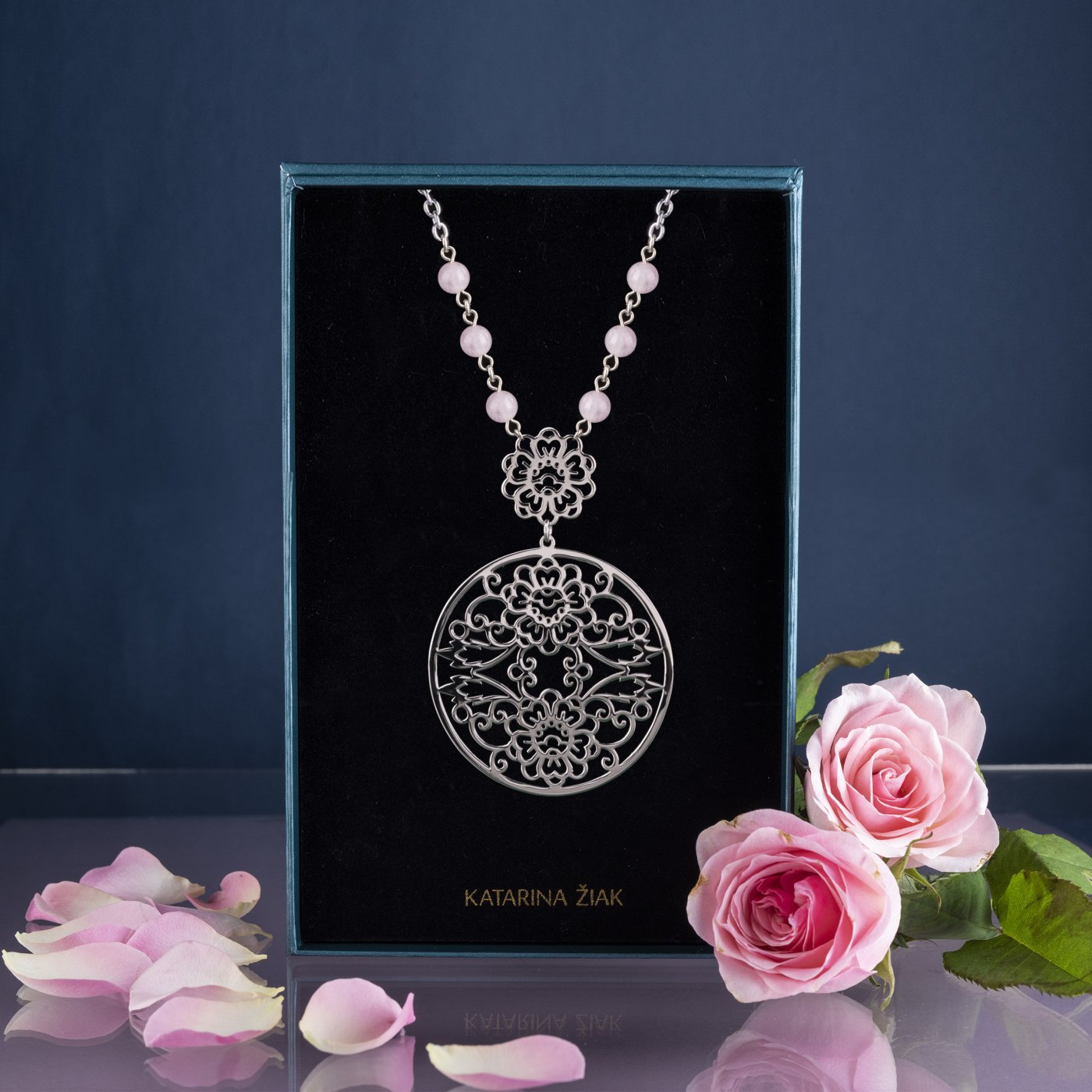 Necklace from the INDIGO NIGHT collection features a blueprint flower ornament 1 - folded circle + kunzite
