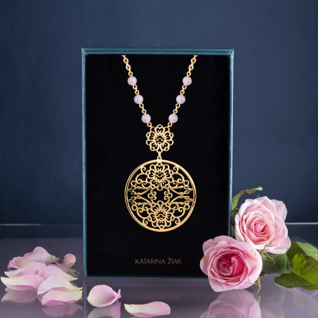 Necklace from the INDIGO NIGHT collection features a blueprint flower ornament 1 - folded circle + kunzite