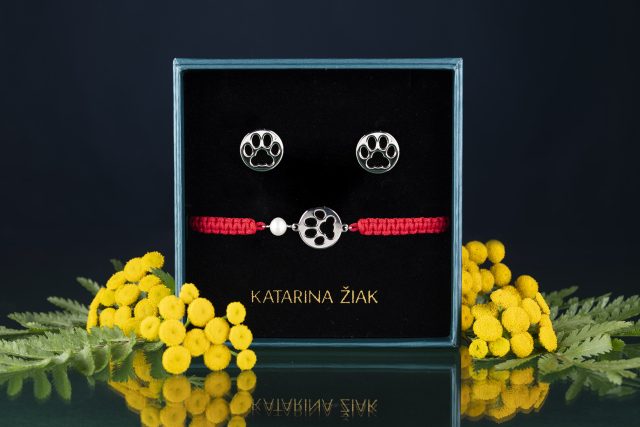 Set paw cat Izabela - stud earrings + cord bracelet + pearl