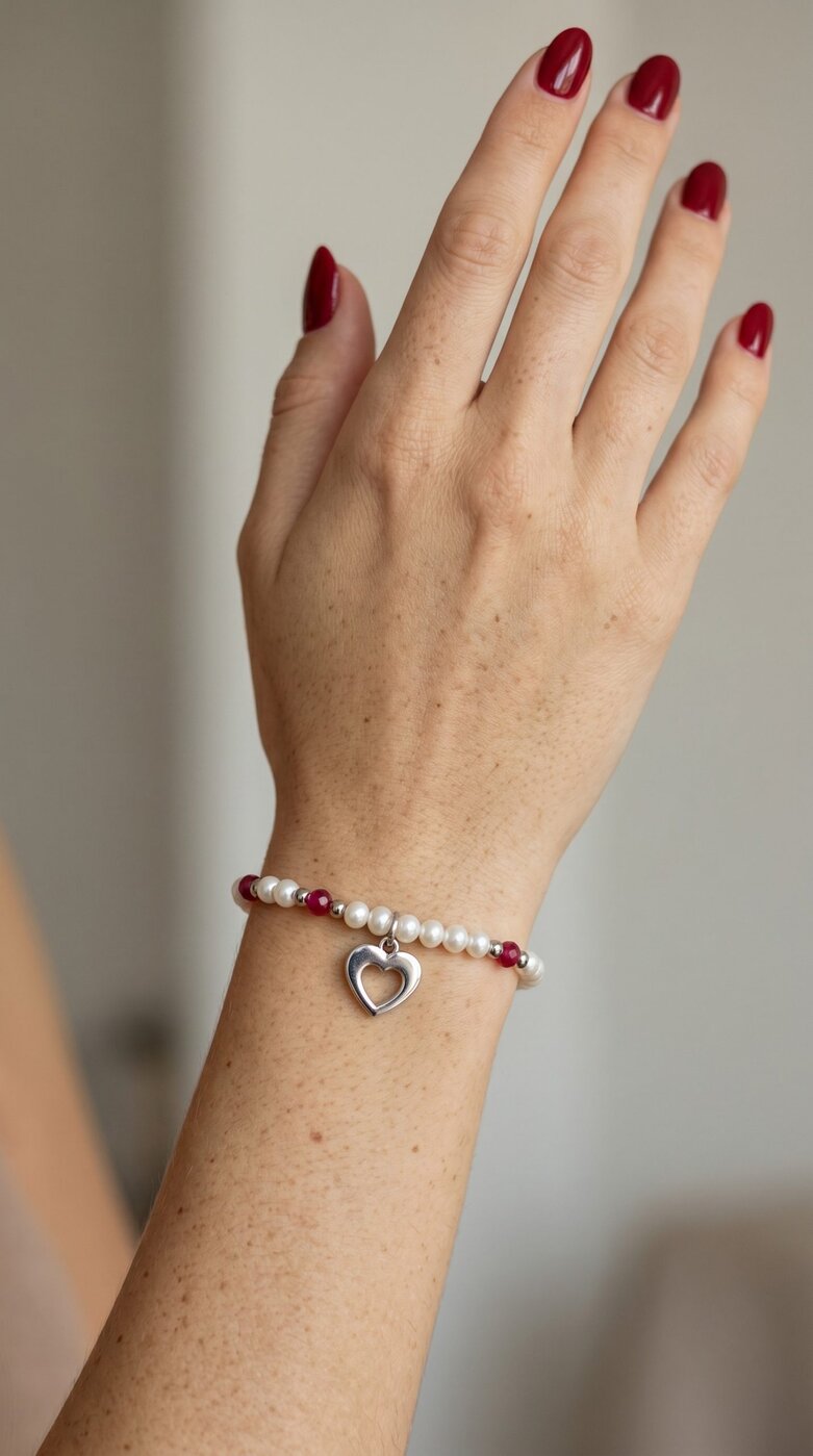 Náramok srdiečko Ornamentika MINI + biele sladkovodné perly / rubínový korund