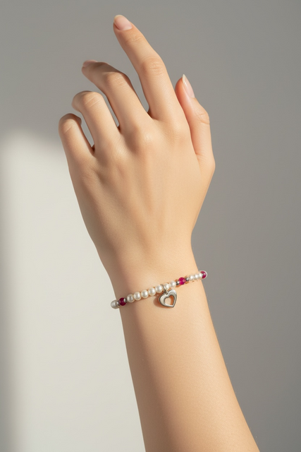 Náramok srdiečko Ornamentika MINI + biele sladkovodné perly / rubínový korund