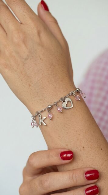 Bracelet Abeceda – chain + pink zircon – heart ornament