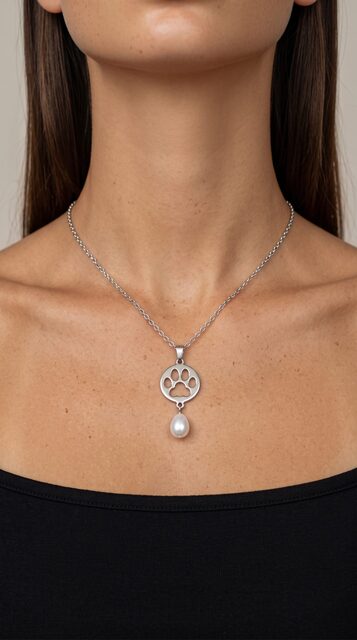 Pendant cat paw Izabela + teardrop pearl