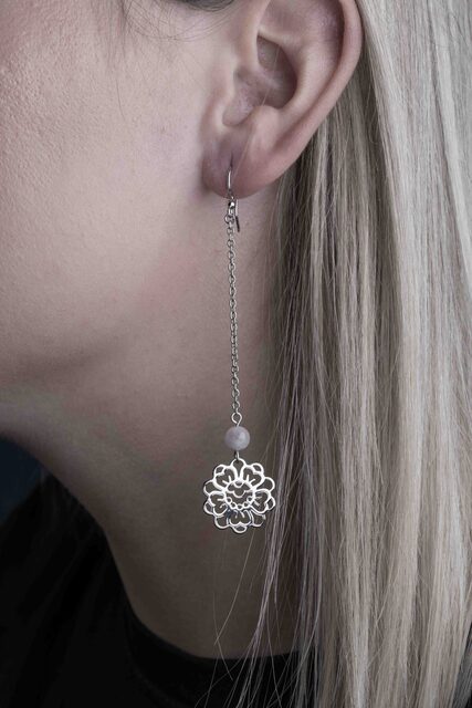 Earrings flower blueprint + hook + kunzite long