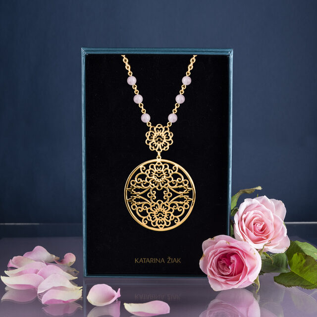 Náhrdelník modrotlač kvietok ornament 1 – skladaný kruh + kunzit