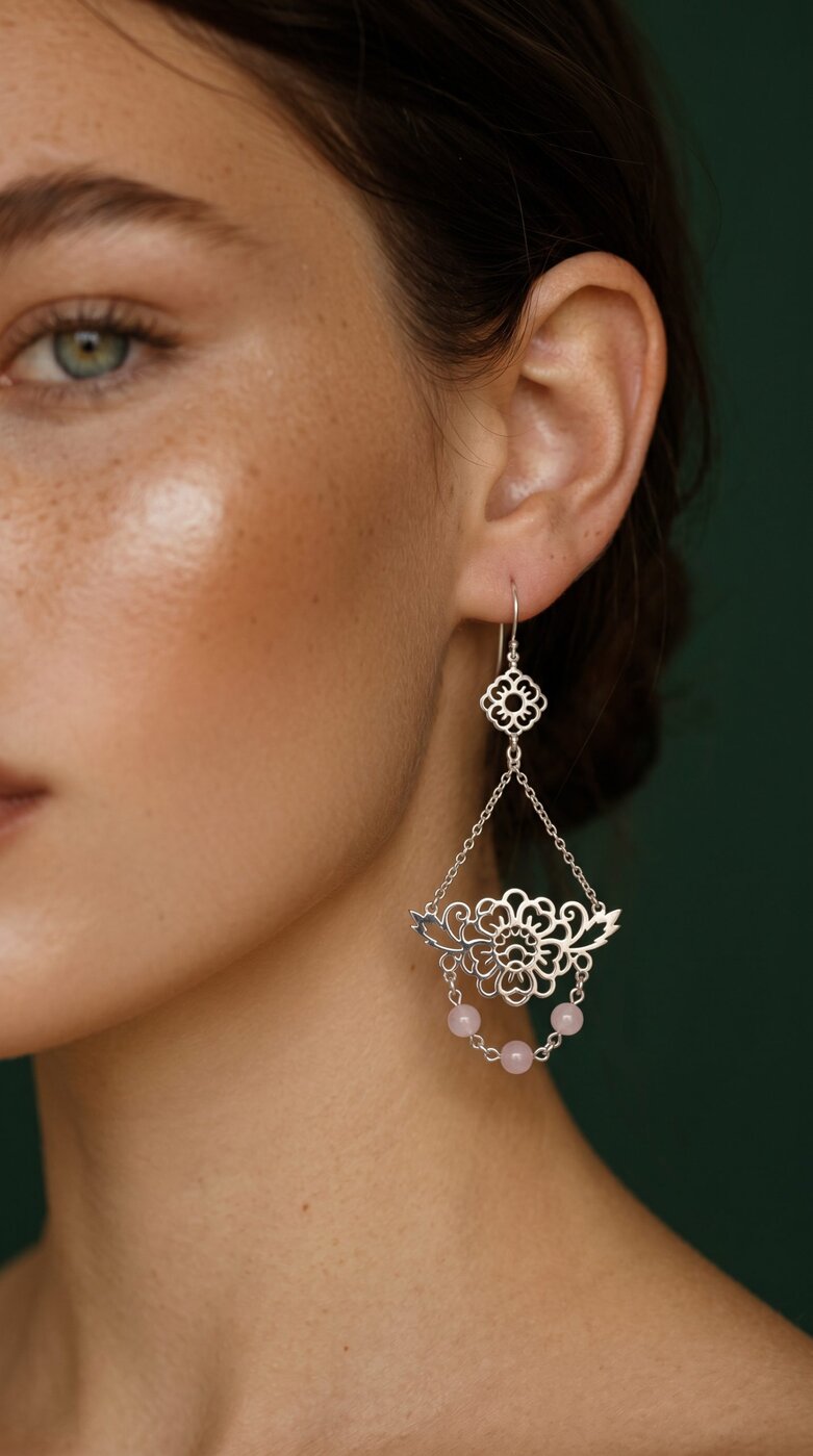 Earrings blueprint flower ornament 2 – folded + kunzite