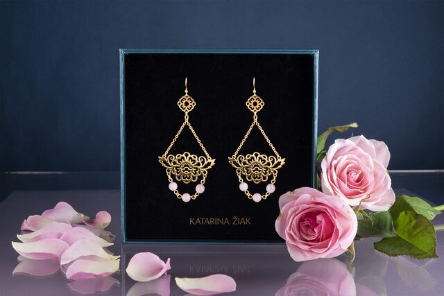 Earrings blueprint flower ornament 2 – folded + kunzite