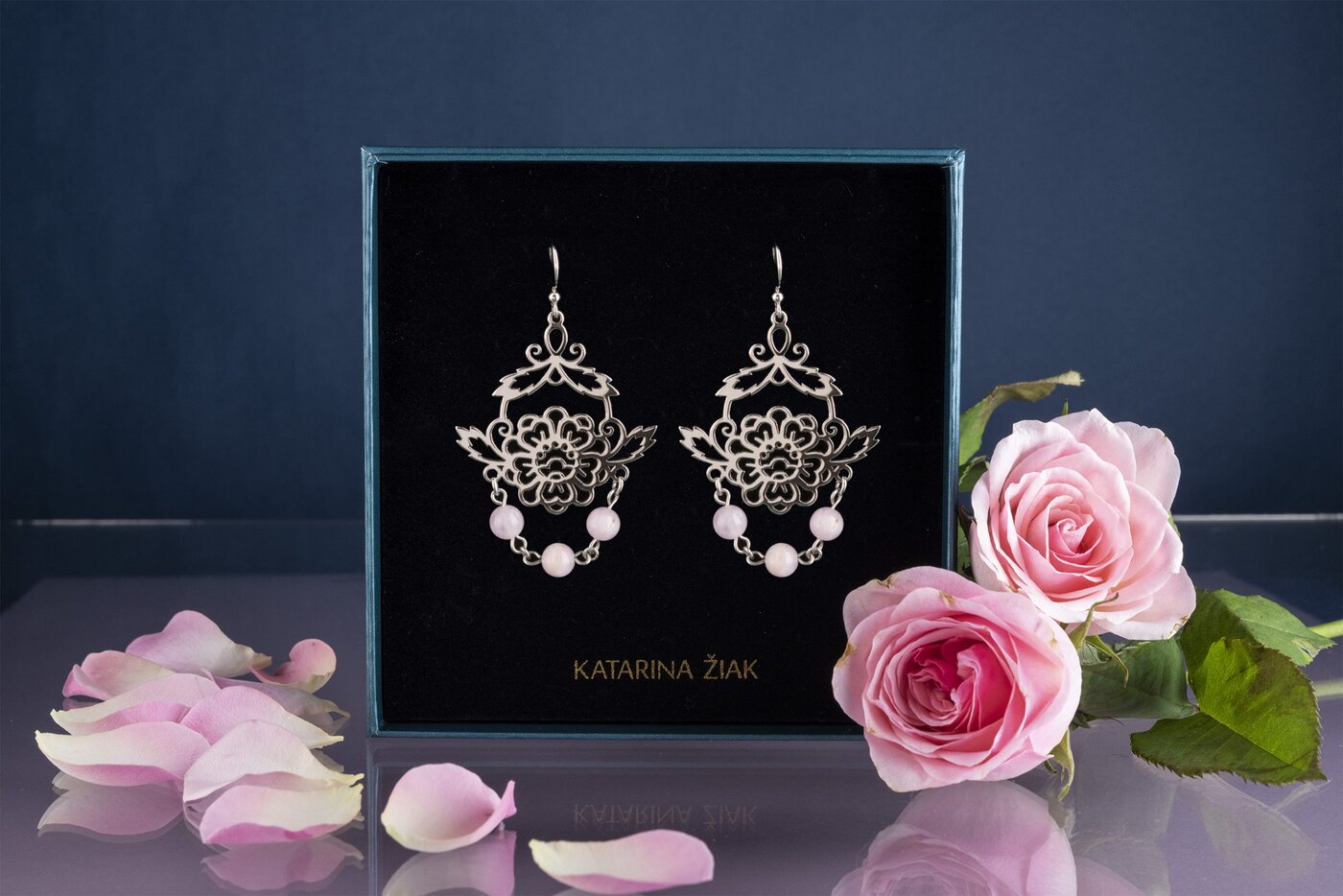 Náušnice modrotlač kvietok ornament 1 – skladané + kunzit