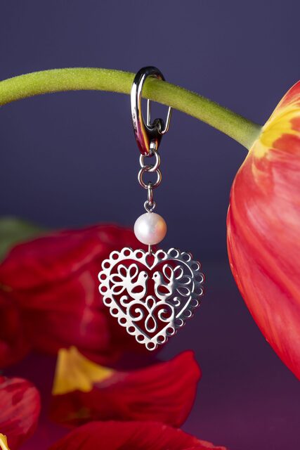 Key ring – heart doves with pearl