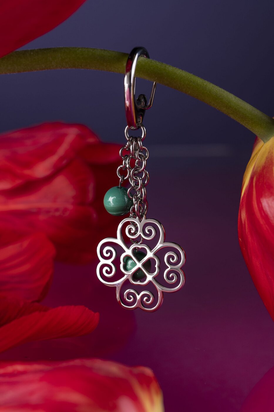 Key ring – quatrefoil 2 + malachite