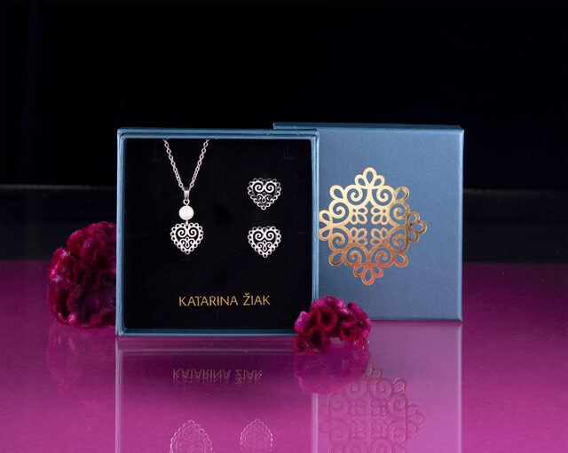 Set – pendant and studs heart ornament mini 1-pearl