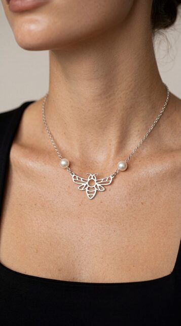 Necklace honeybee + pearls in chain