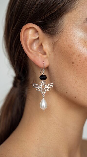Earrings honeybee 6 + tear pearl + onyx