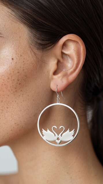 Earrings swan couple – circle – 5 cm