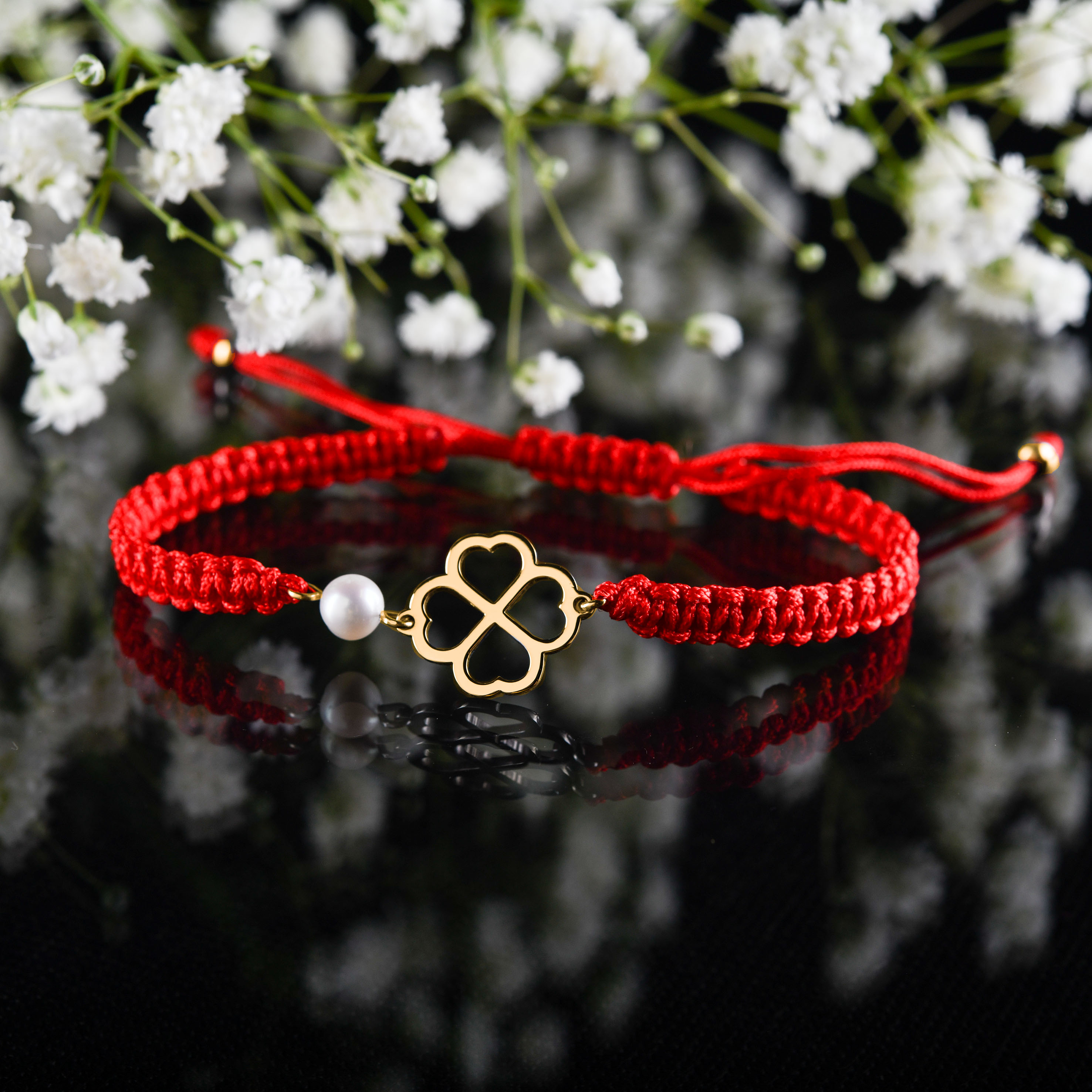 Náramok štvorlístok – šnúrka + perla