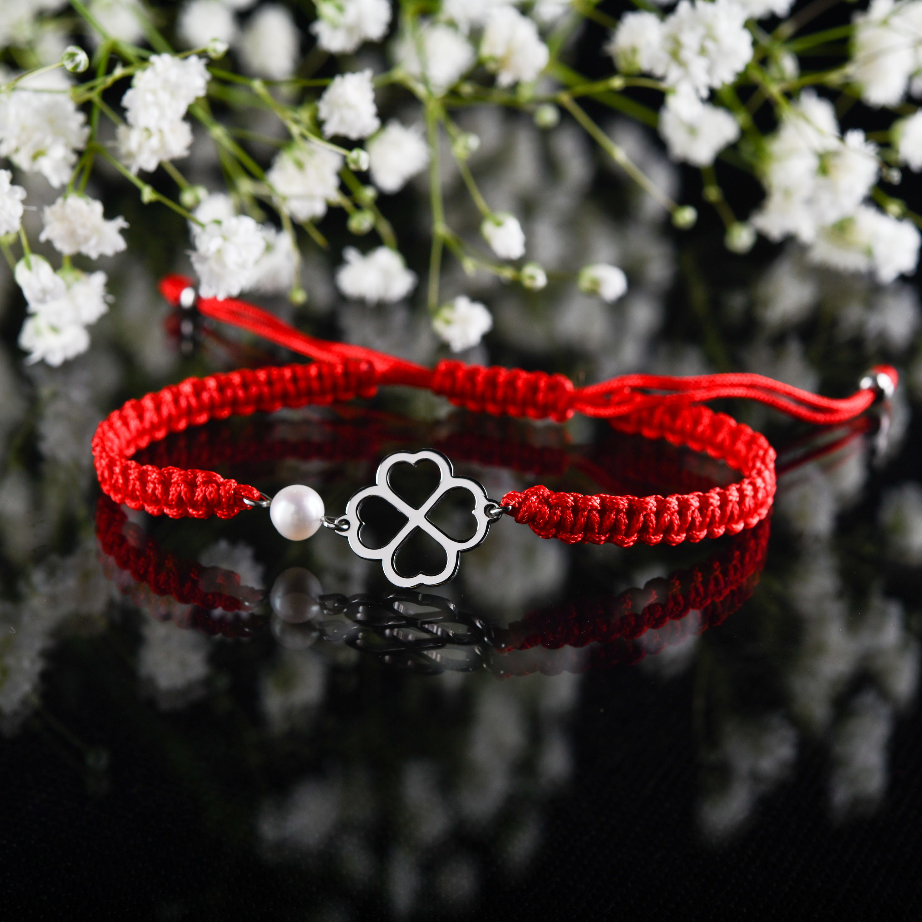 Náramok štvorlístok – šnúrka + perla