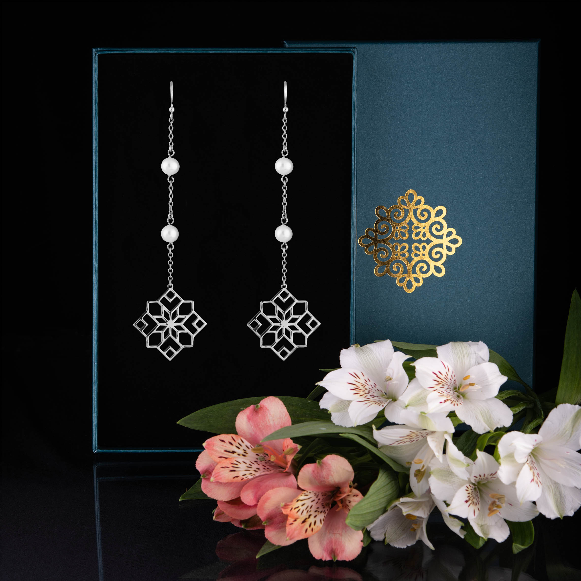 Náušnice – Novohrad štvorec 1 + perly - dlhé