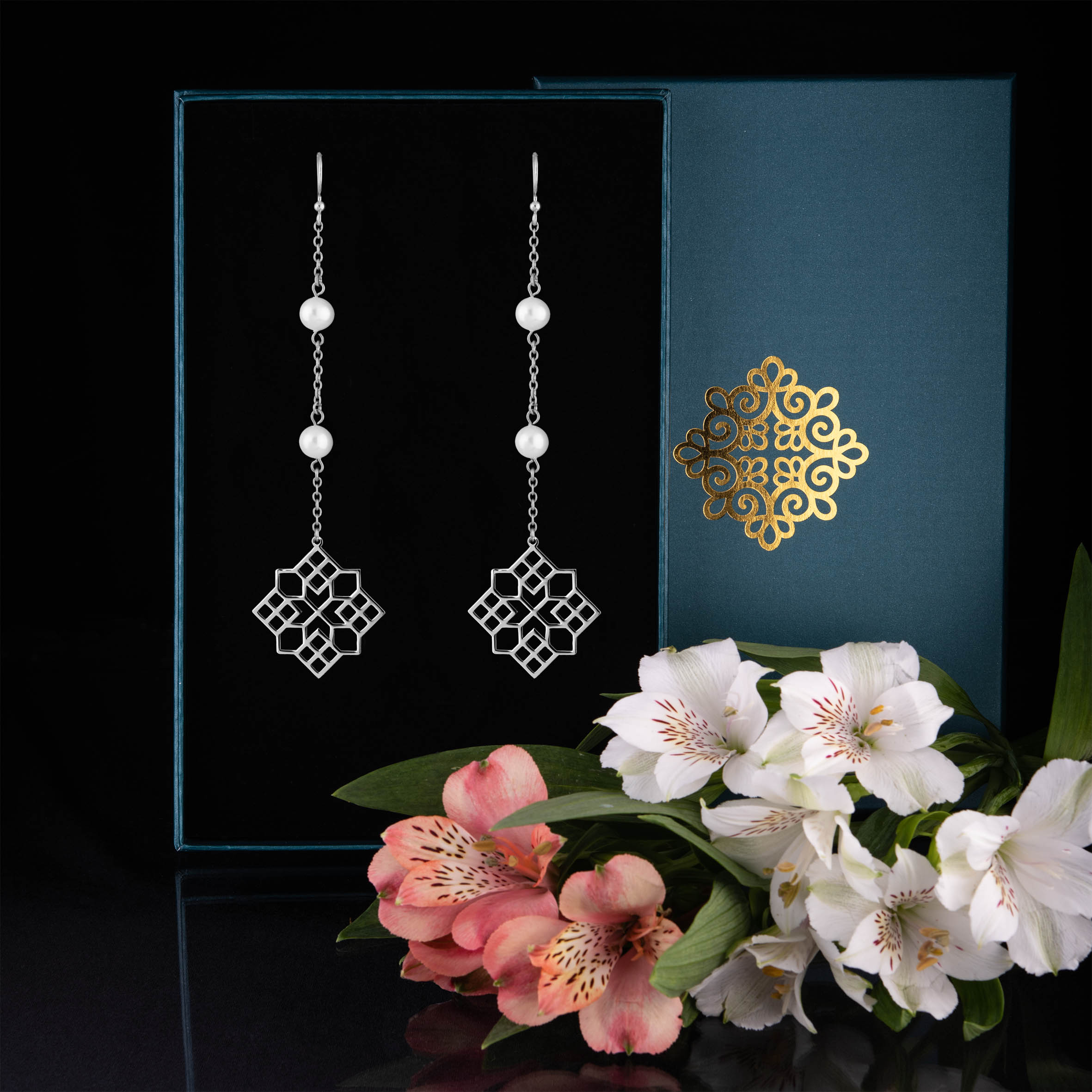 Náušnice – Novohrad štvorec 2 + perly - dlhé