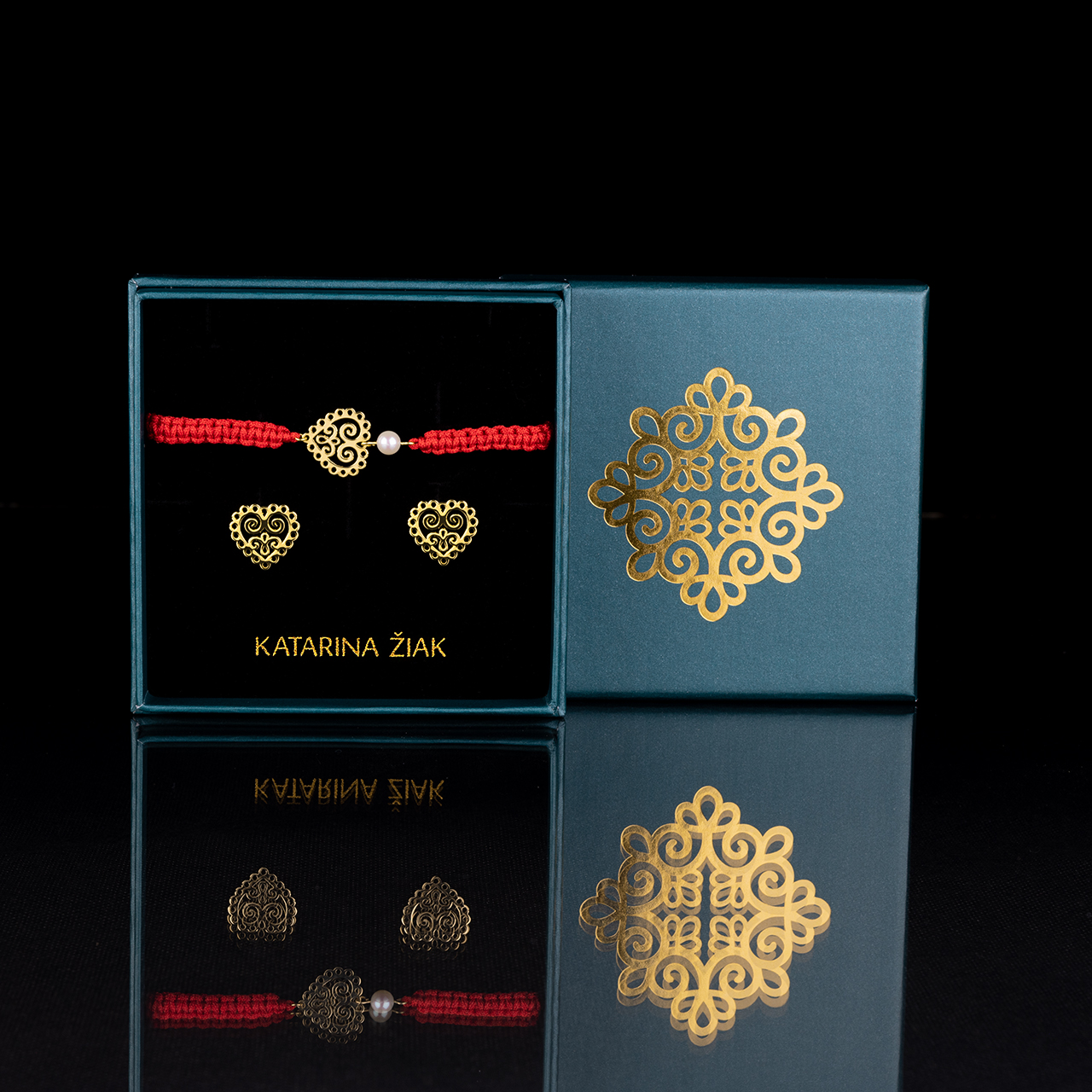 Set napichovacie náušnice + šnúrkový náramok srdce ornament mini 1 + perla