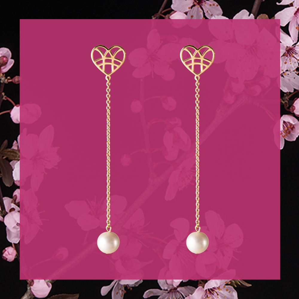 Napichovacie náušnice srdce s perlou - dlhé