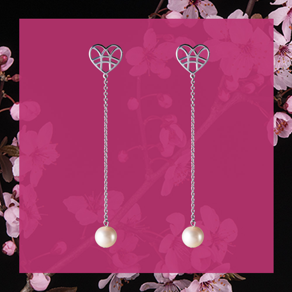 Napichovacie náušnice srdce s perlou - dlhé