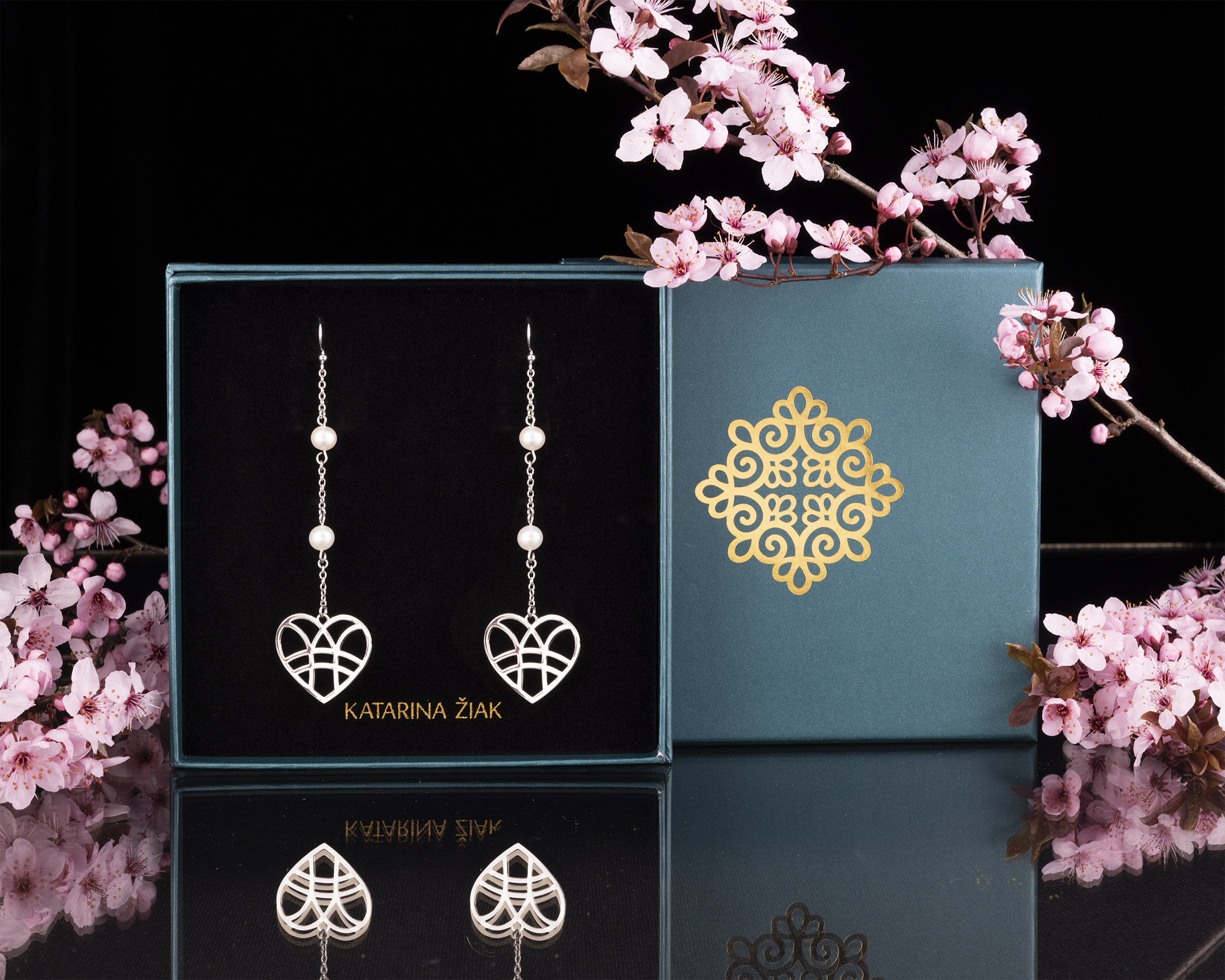 Náušnice srdce + 2 perly - dlhé