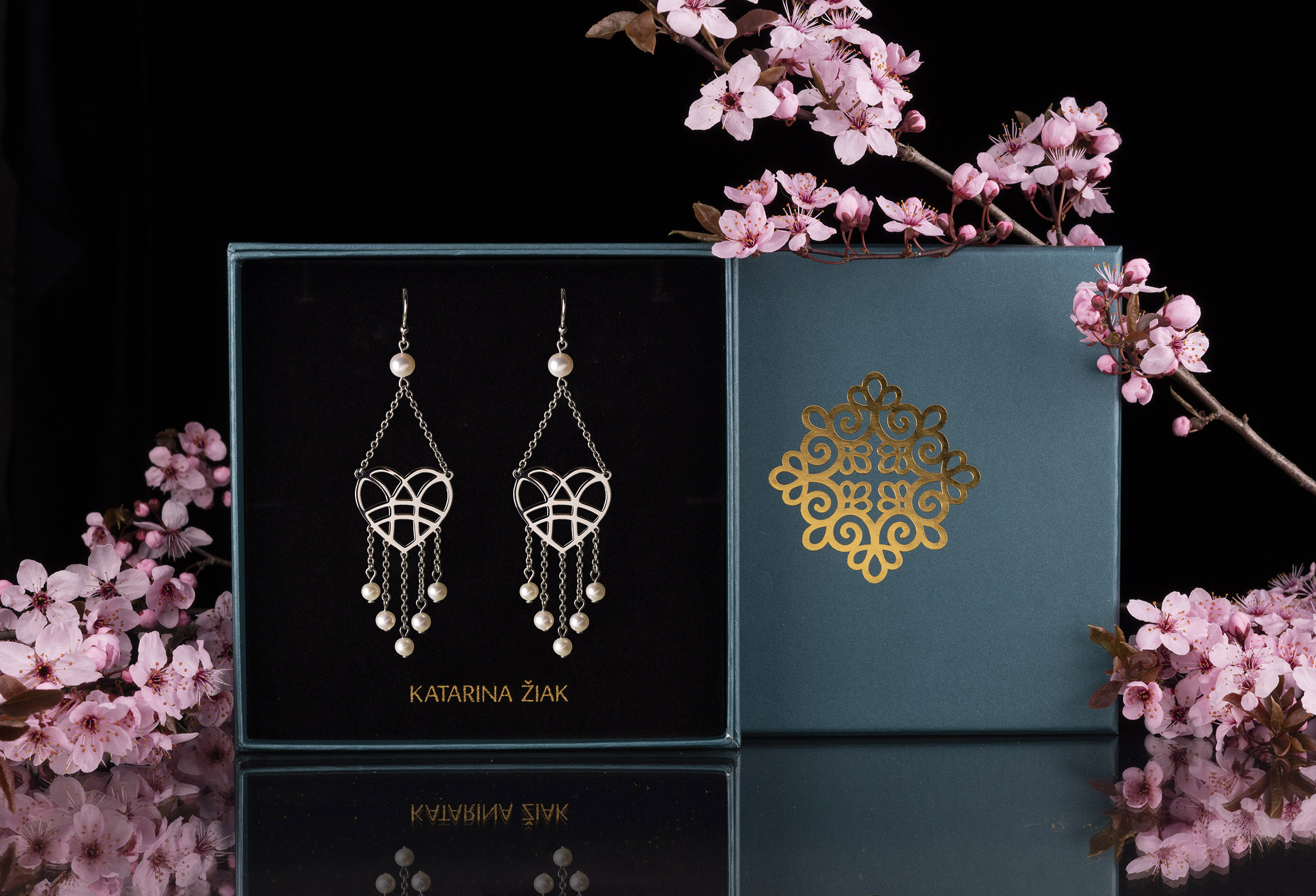 Náušnice srdce - vodopád + perly