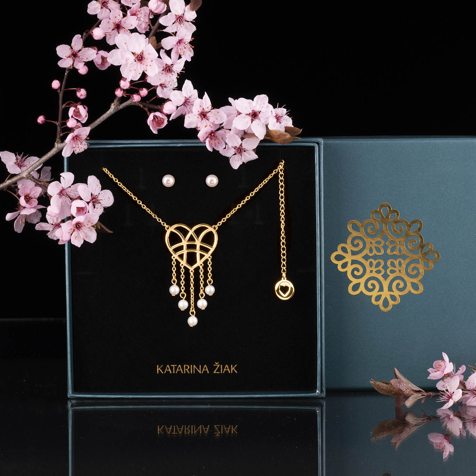 Set náhrdelník srdce vodopád - perly + náušnice perly