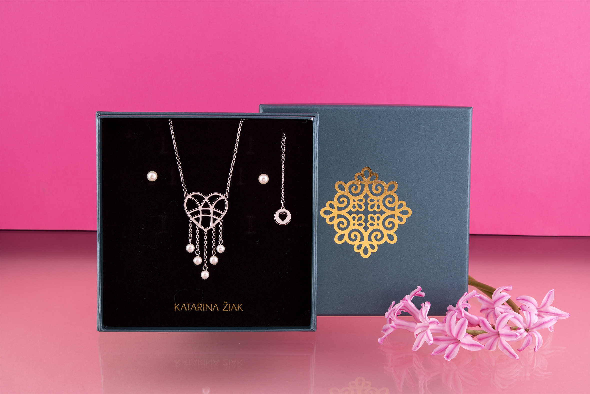 Set náhrdelník srdce vodopád - perly + náušnice perly