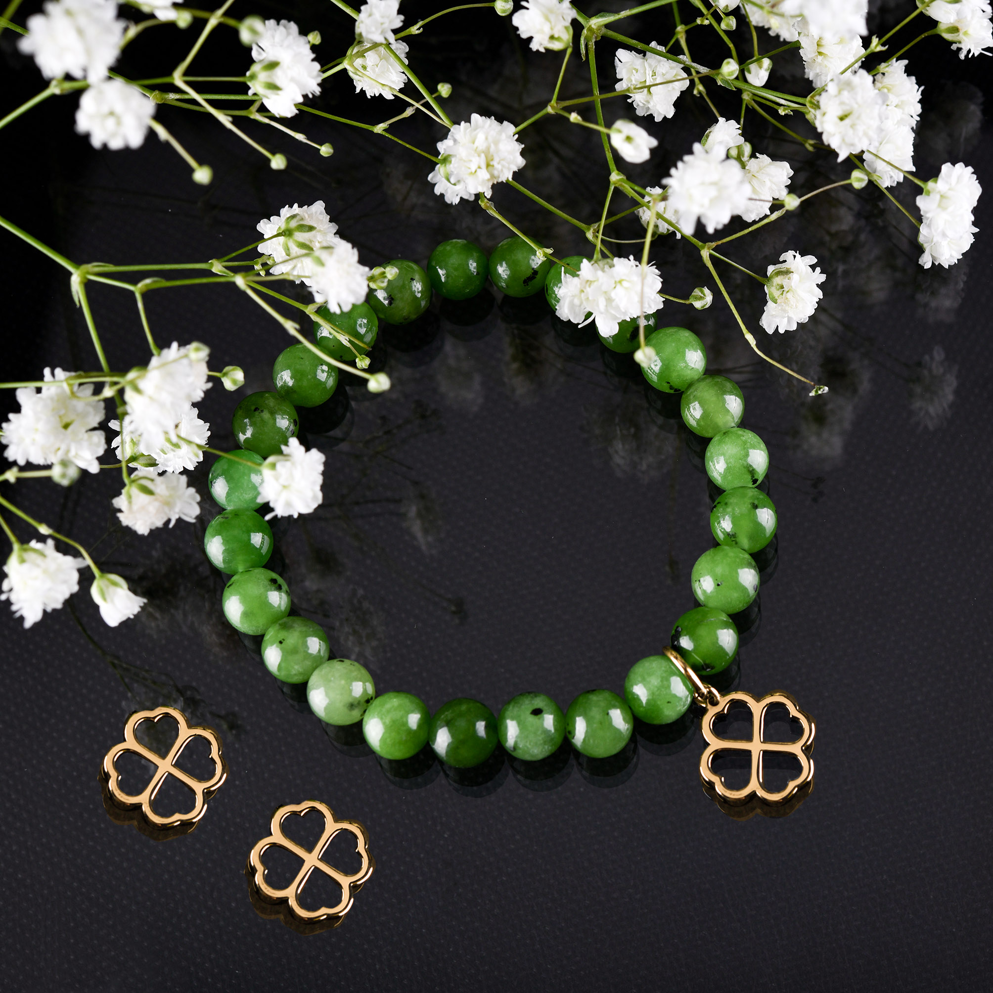 Set štvorlístky - napichovacie náušnice + náramok (možné sú rôzne kamene)