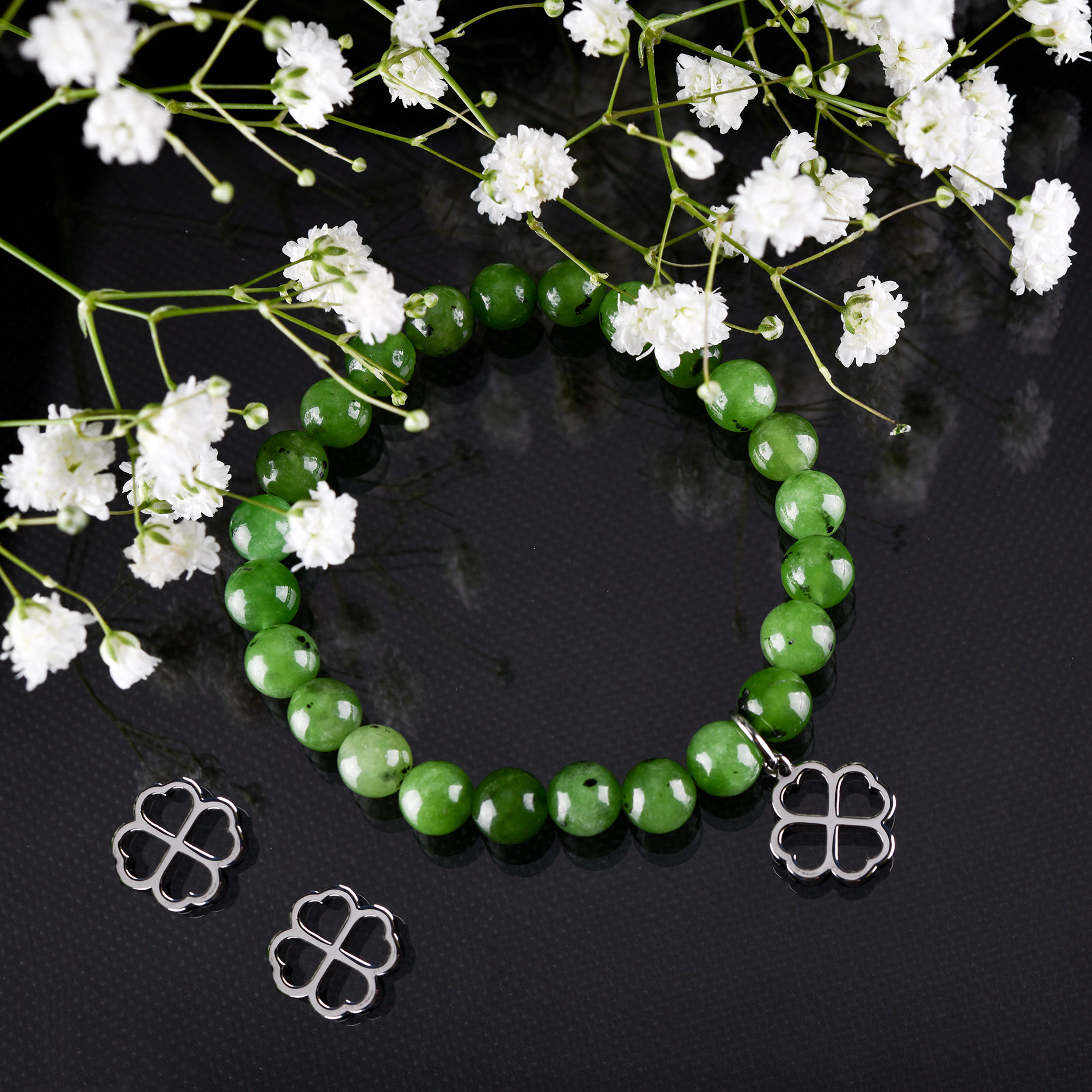 Set štvorlístky - napichovacie náušnice + náramok (možné sú rôzne kamene)