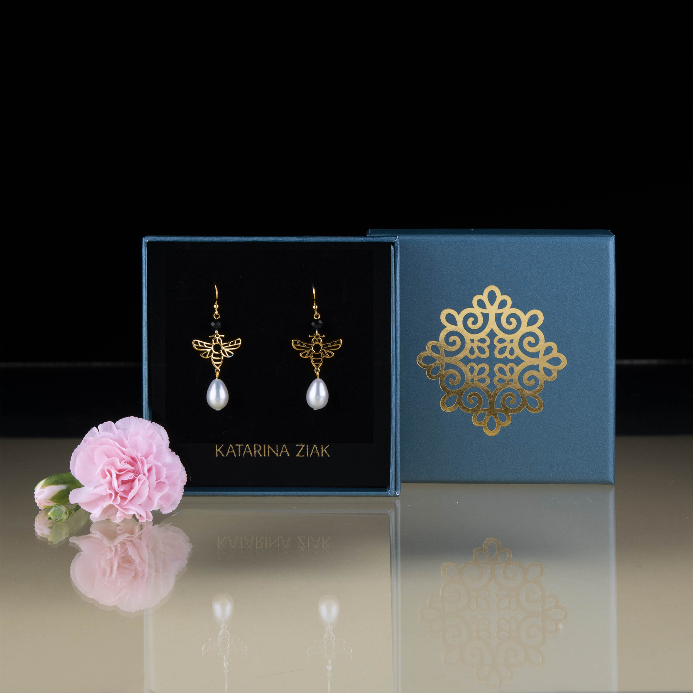 Náušnice včela 6 + perla slza + ónyx