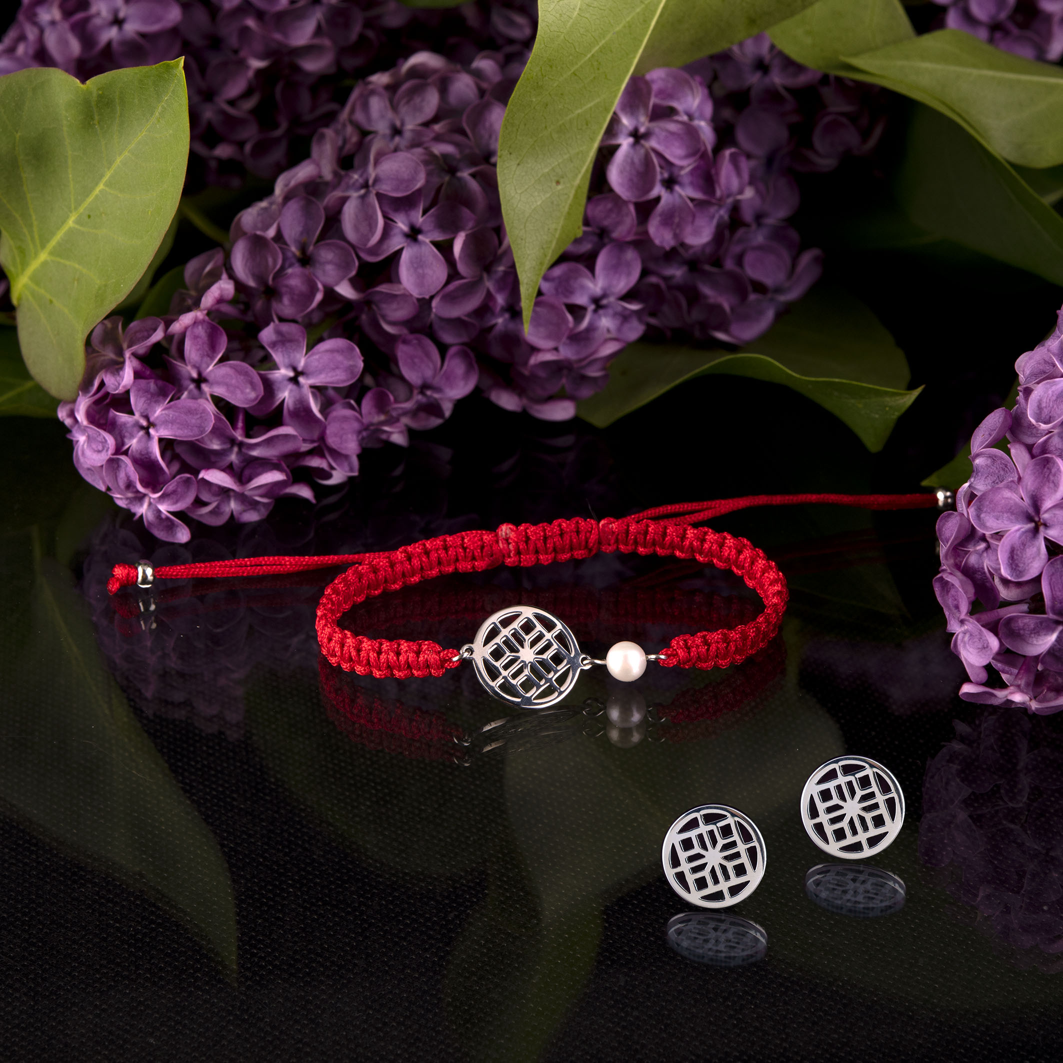 Set gatra 1 napichovacie náušnice + šnúrkový náramok + perla