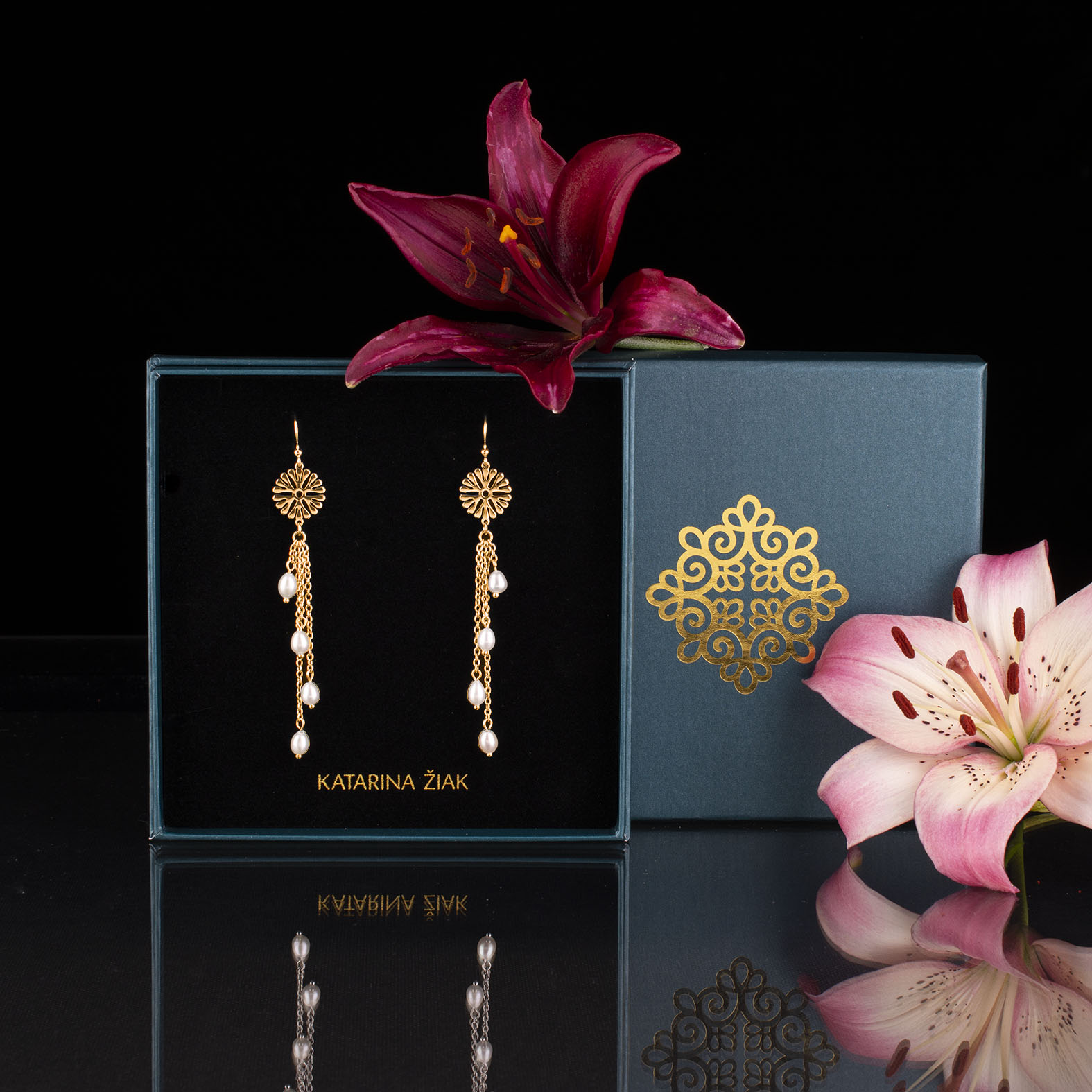 Náušnice kvietok trakovice - vodopád + perly