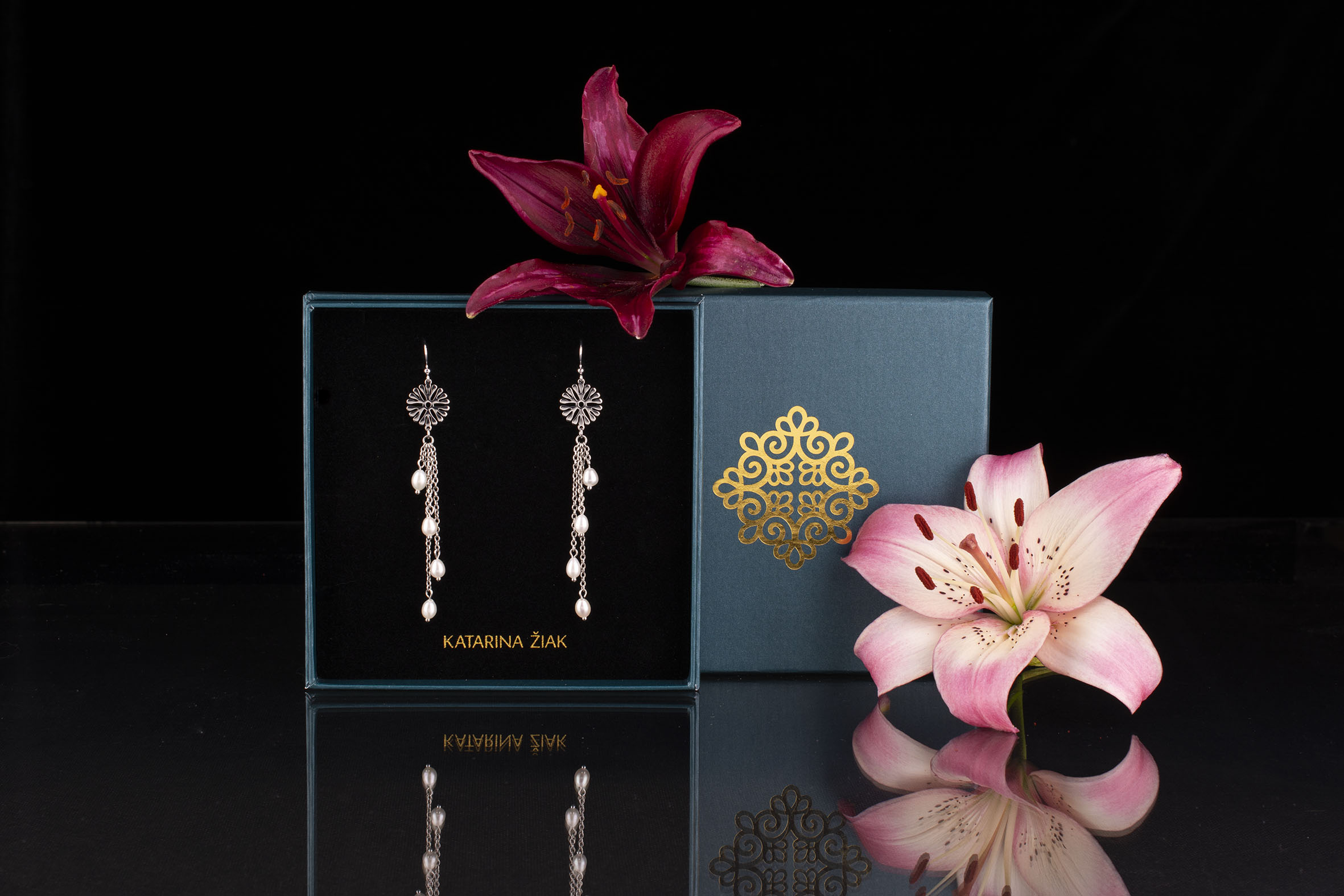 Náušnice kvietok trakovice - vodopád + perly