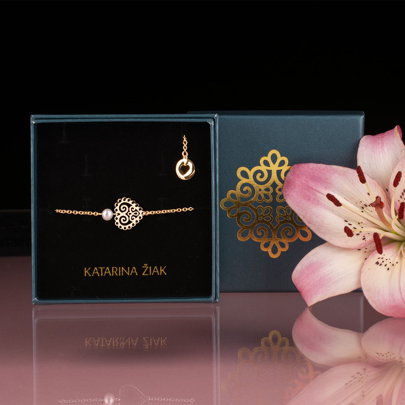 Náramok srdce ornament mini 1 – retiazka + perla