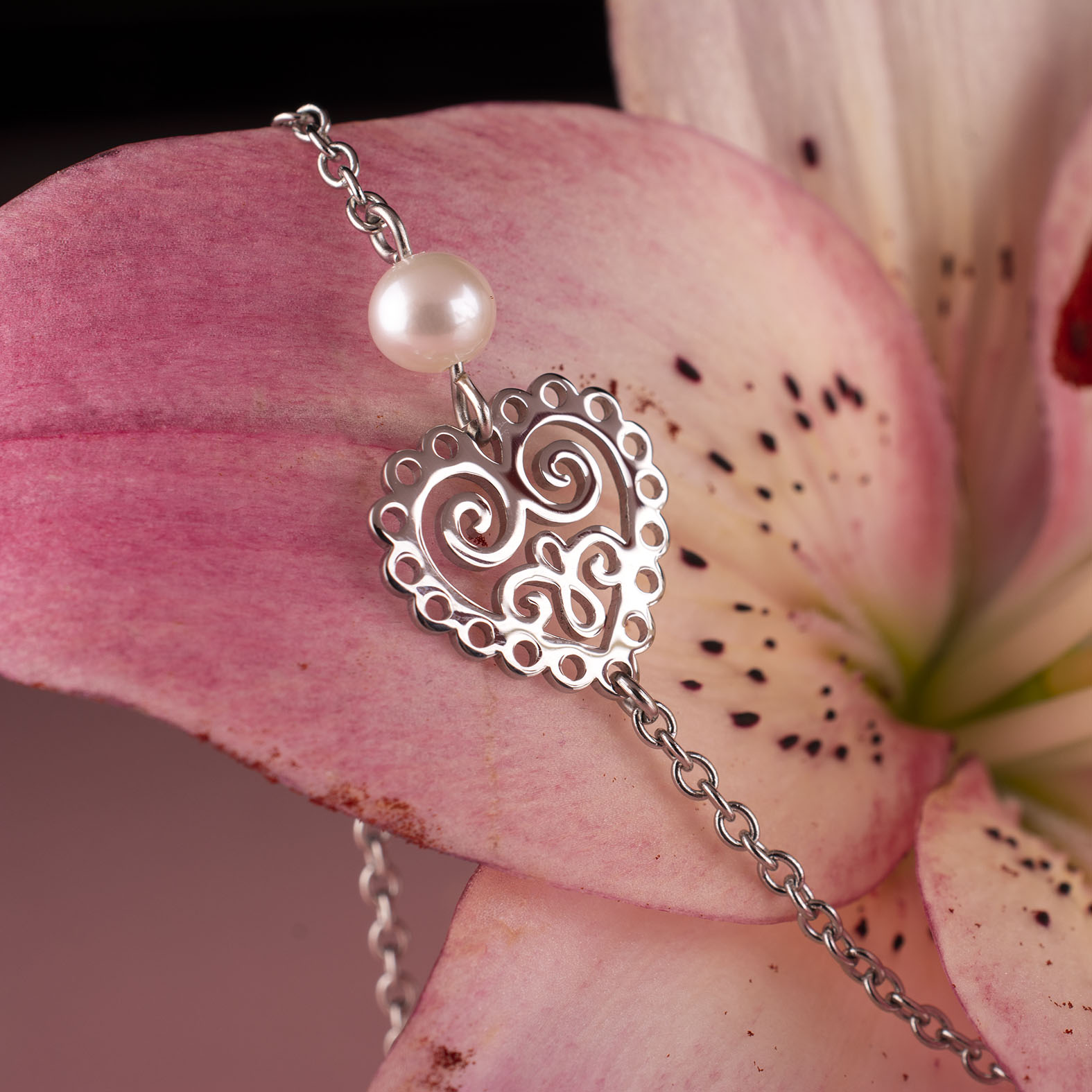 Náramok srdce ornament mini 1 – retiazka + perla